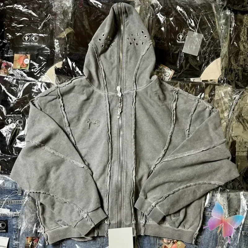 

Oversized Vinatge Grey Jacket Metal Star Moon Logo Stitched Zipper Hooded Sweatshirts Casual Loose Men Women Hoodys