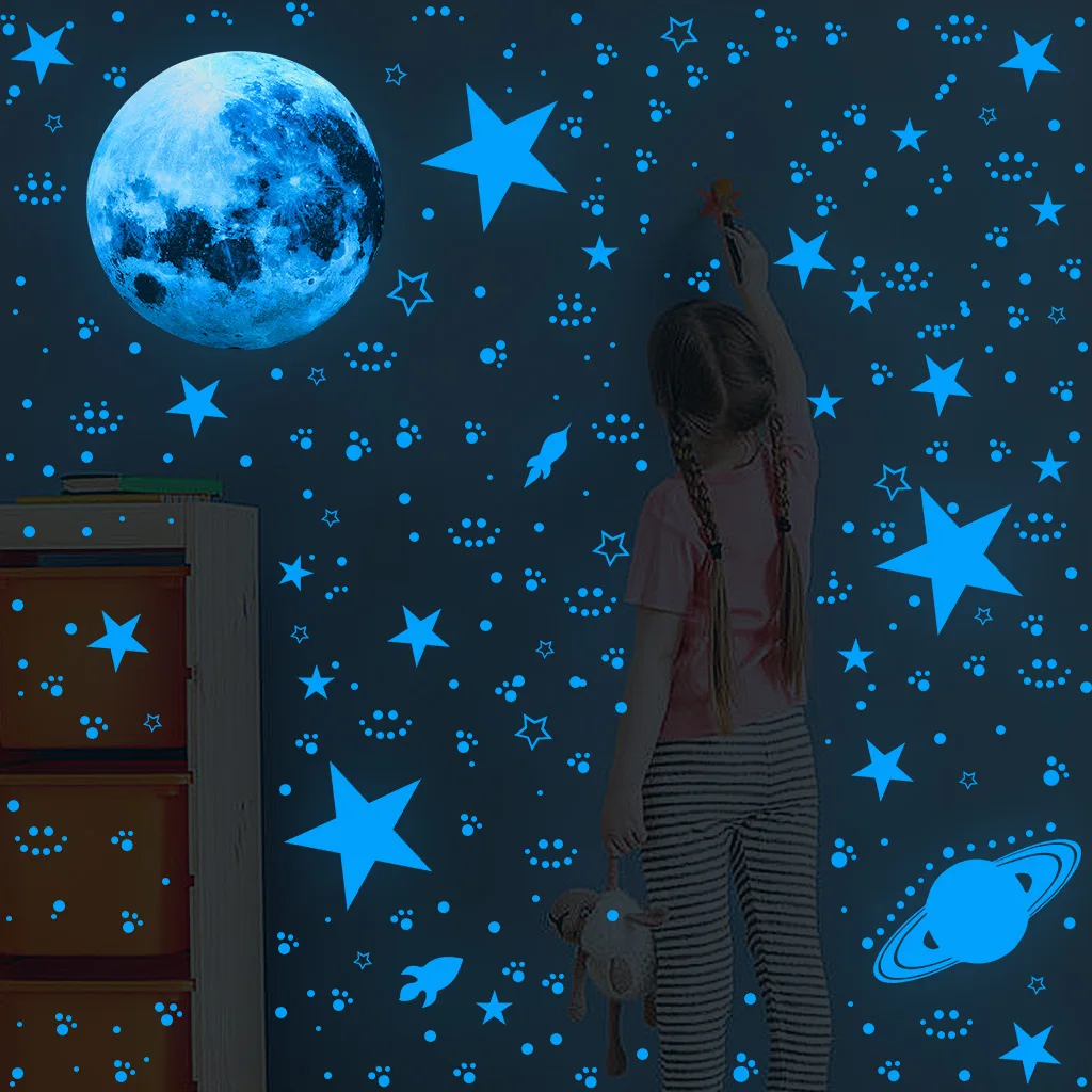 Moon Star Spaceship Space Luminous Sticker Glow In The Dark For Children's Room Fluorescent Noctilucent Decals Home Decor