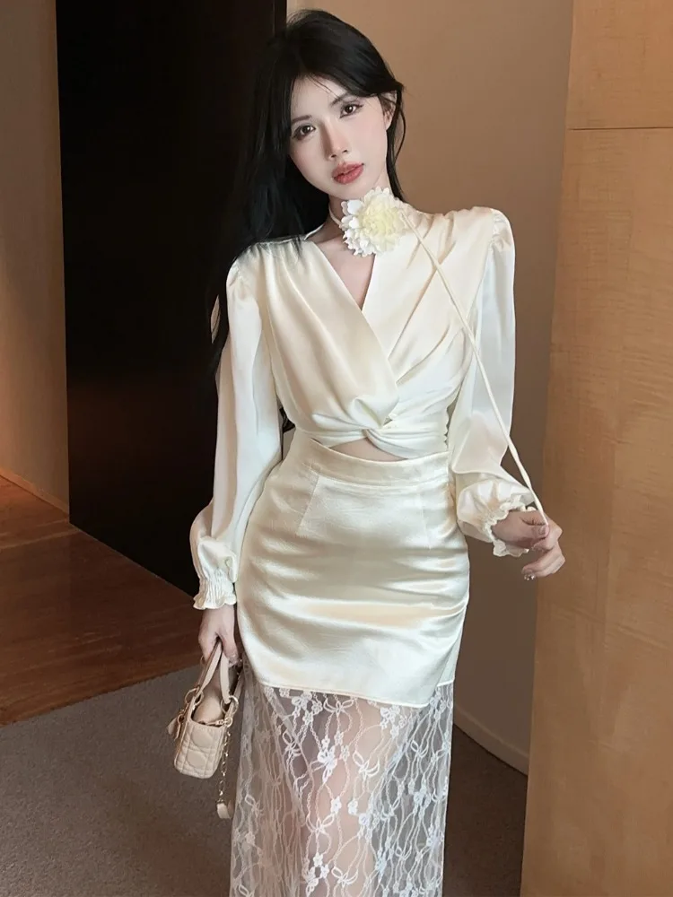 

Sweet V-neck Floral Satin Long Sleeve High Waist Slimming Lace Half-length Skirt Set Women's Commute Style Fashion plus Size