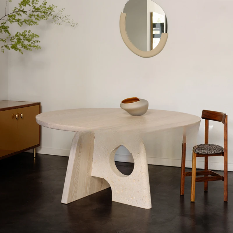 

Medieval silence retro Nordic solid wood dining table simple modern designer round dining table creative home cave stone