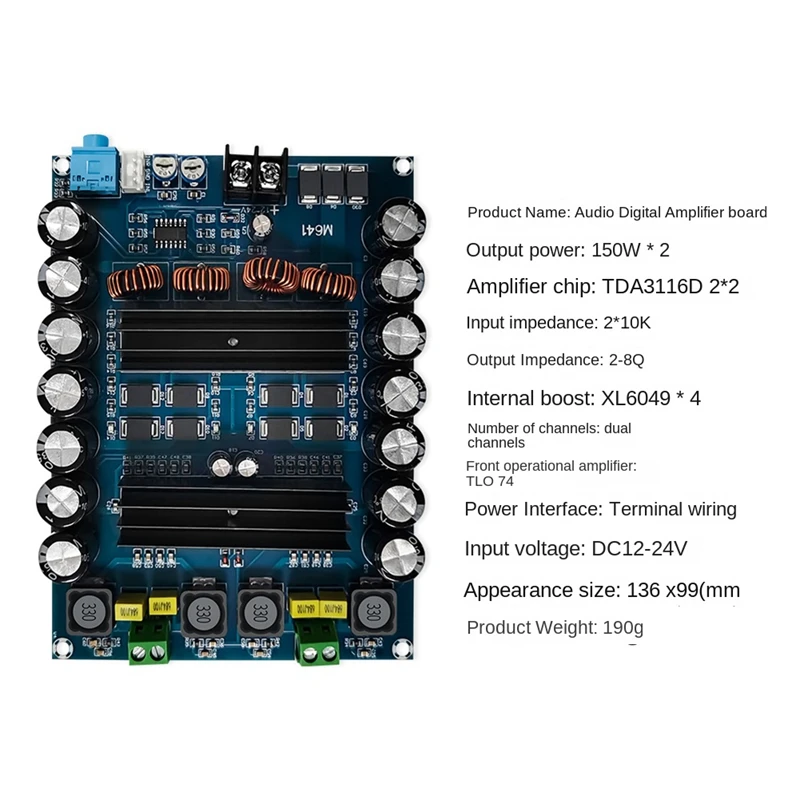 XH-M641 TPA3116D2 Audio Amplifier Board Digital High Power 2 Channels Car Amplifier With Boost Board DC12V 24V 150W
