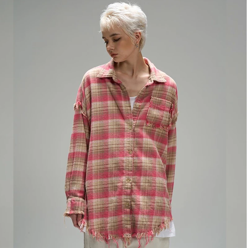 

Summer Fall Plaid Print Men Long Sleeves Blouse Thin Coat Pocket Pink Vintage Tassel Fashion Harajuku Oversized Couple Clothing