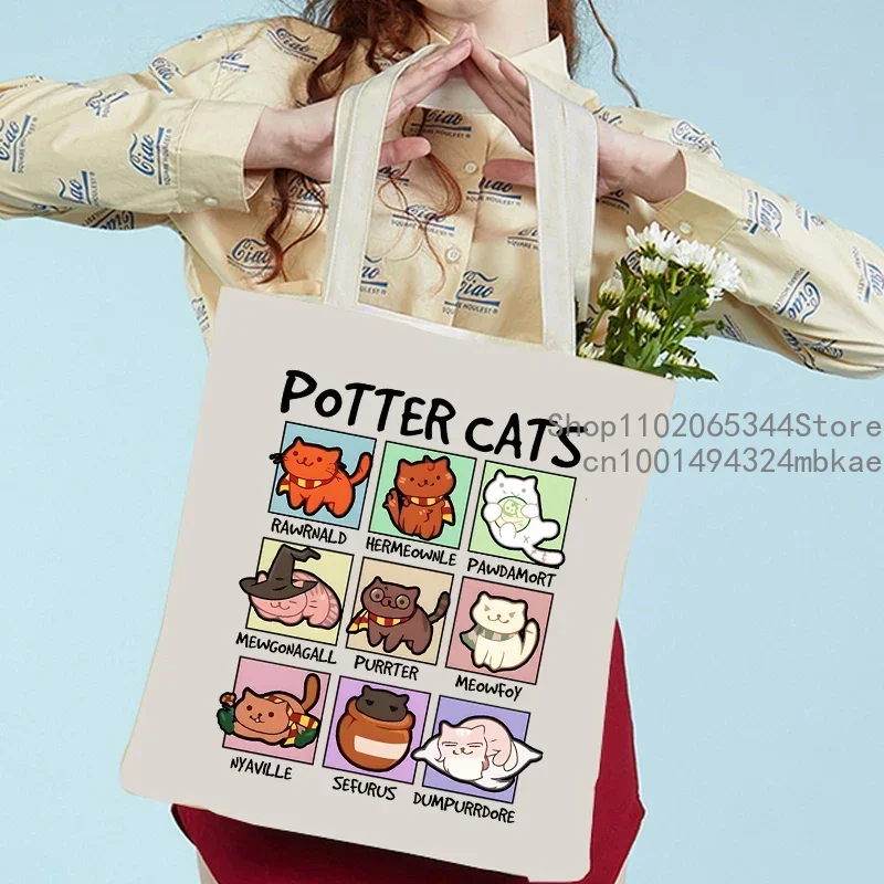 Potter gatos bolsa de lona feminina sacos de ombro harajuku animal gato engraçado sacola reutilizável saco de compras potter gatos bolsas femininas