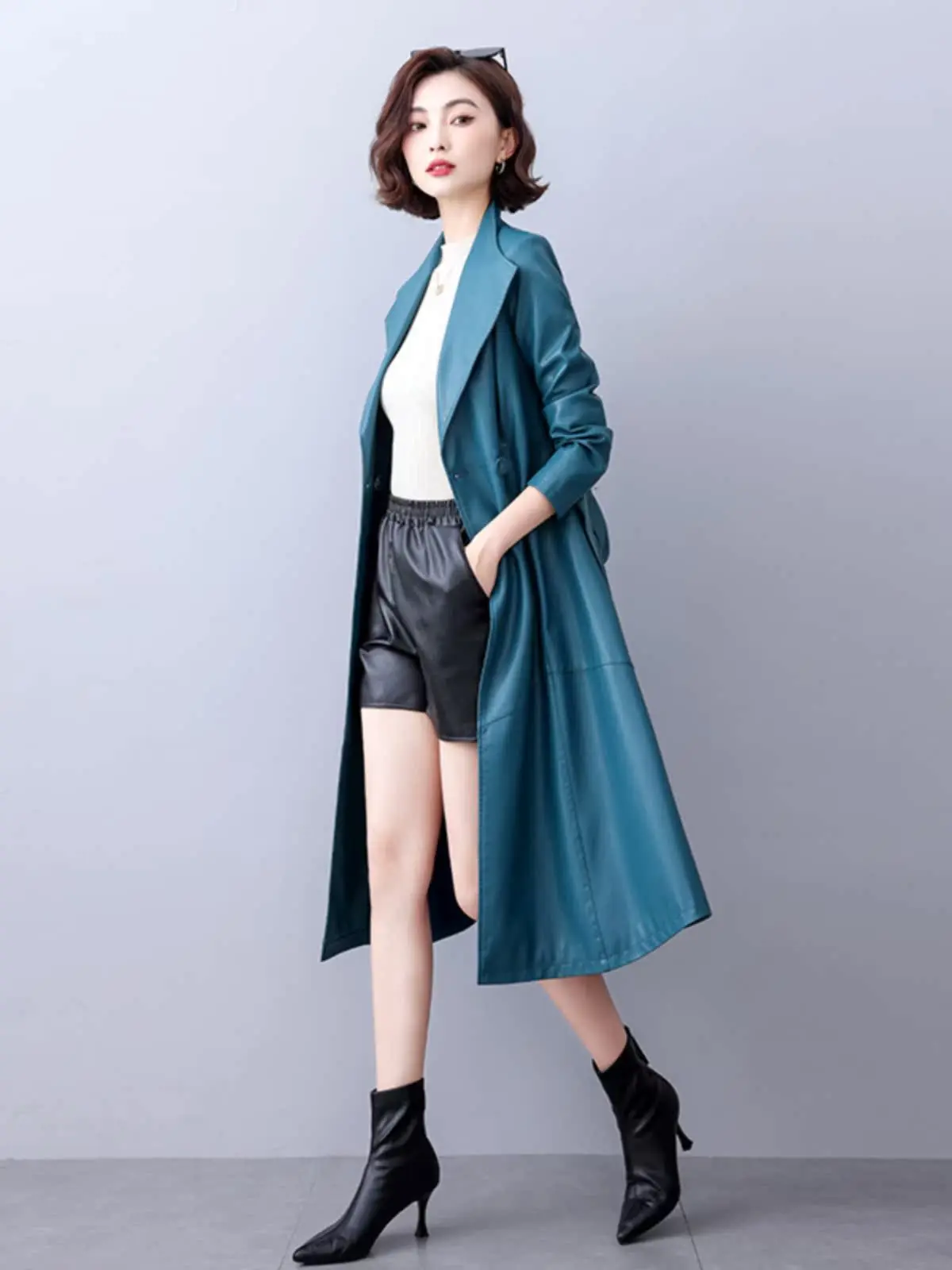 Cappotto in Vera Pelle Haining da Donna, Lunghezza Media, Autunno Inverno 2023, Slim Fit, Antivento, con Cintura in Vita