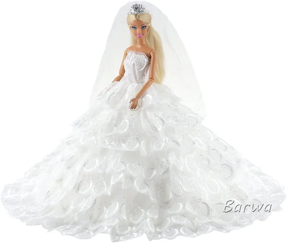 BARWA Wedding Dress Princess Evening Party White Dress Gown with Veil for 11.5 inch Dolls