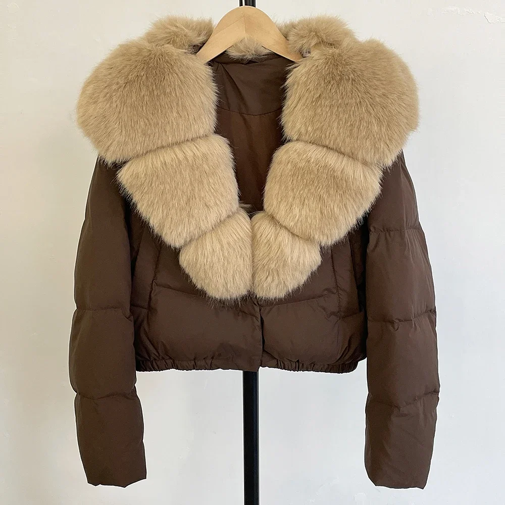 CXFS 2025 Jaket Puffer Baru Jaket Kerah Bulu Palsu Kerah Dapat Dilepas Pendek Musim Dingin Wanita Mantel Bulu Angsa Putih Tebal Wanita