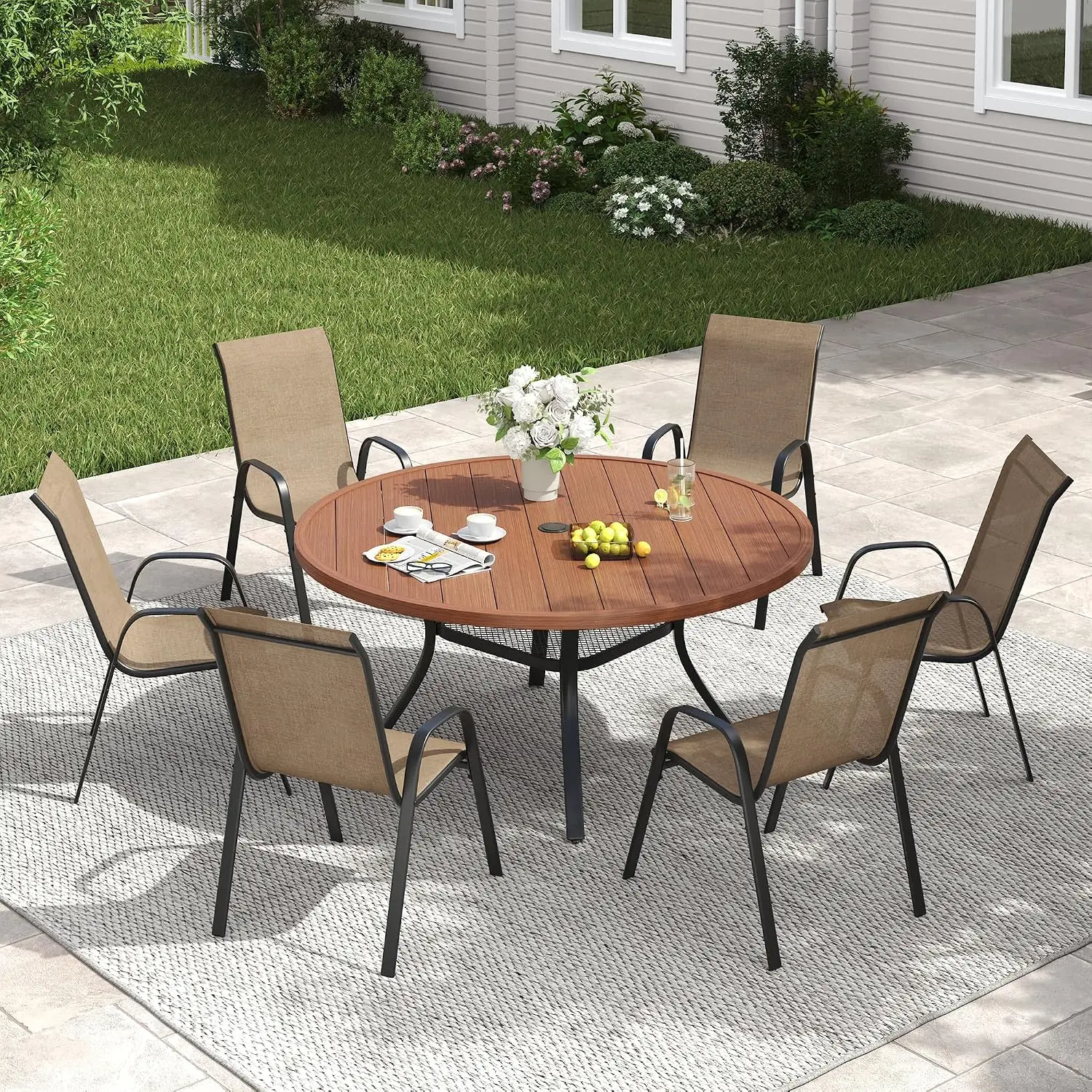 Stackable Patio Chairs Set of 4, All Weather Metal Outdoor Chairs for Deck Garden, Brown, Customized