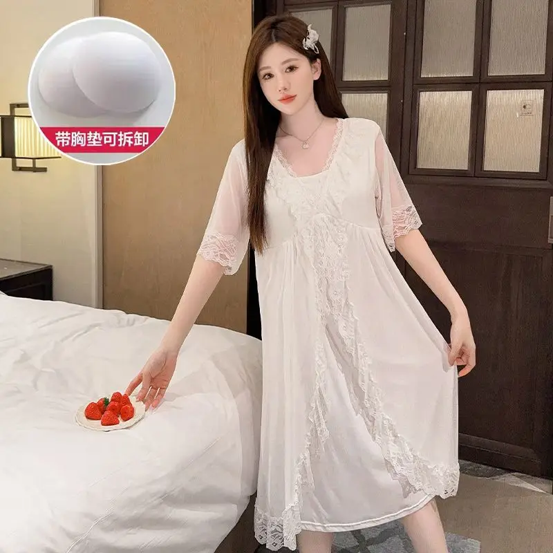 2024 Summer Cotton Short Sleeve Sexy Lace V-neck Lingerie Nightgowns for Women Cute Sleepwear Night Dress Nightdress Home Nighty 6