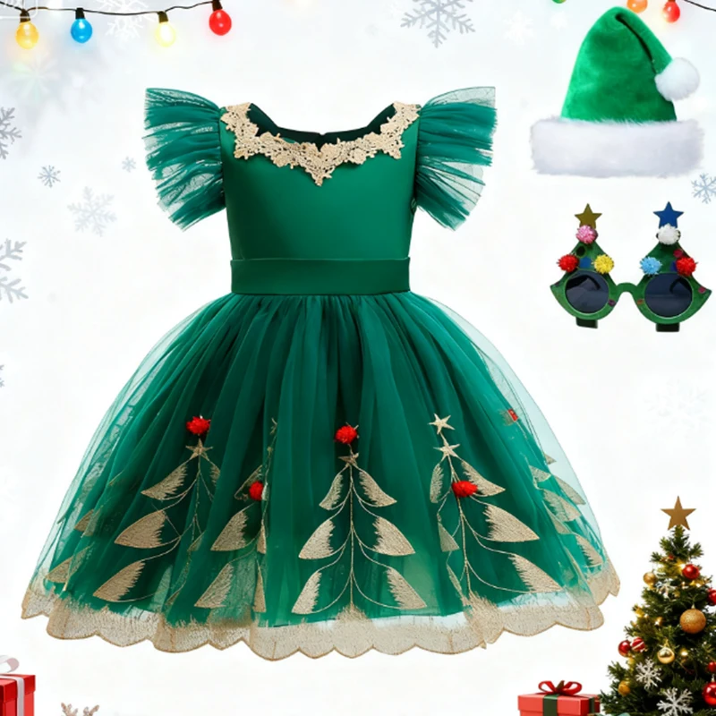 فستان عيد الميلاد للفتيات مع تطريز أنيق وقبعة سانتا الاحتفالية ونظارات لحفلات العطلات هدية عيد الميلاد الأولى للفتيات