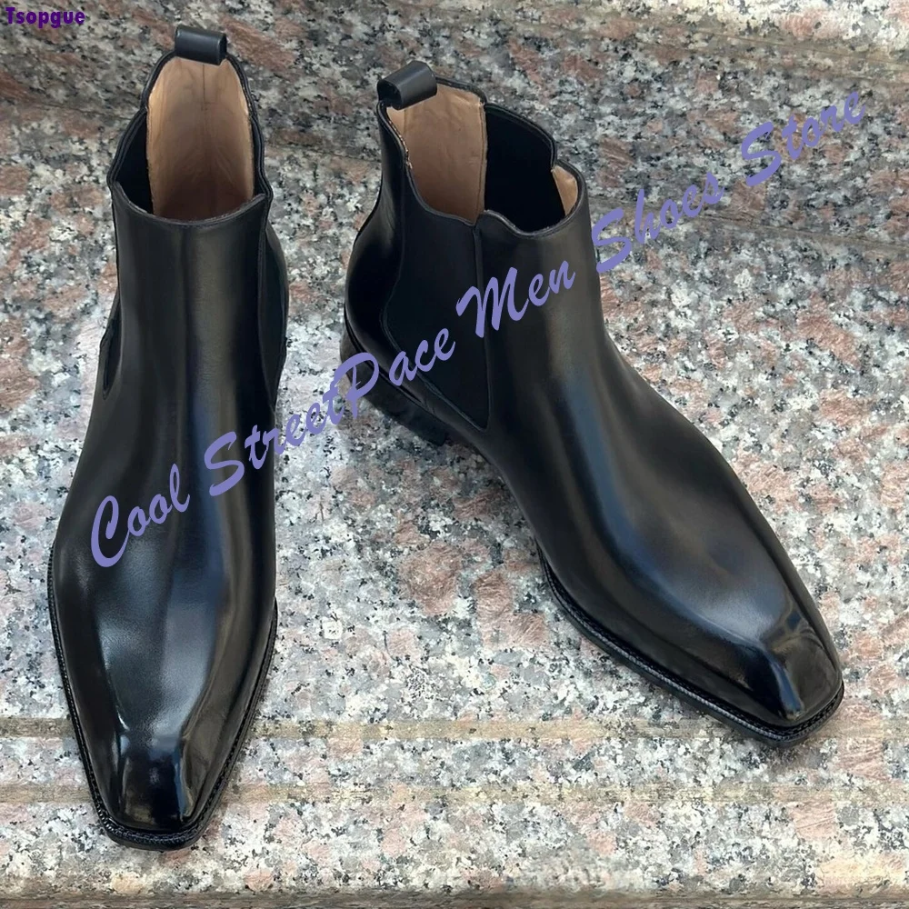 Retro Business Chelsea Ankle Boots for Men Black Smooth Leather Square Toe Elastic Low Heel Daily Dress Boots Zapatillas Mujer