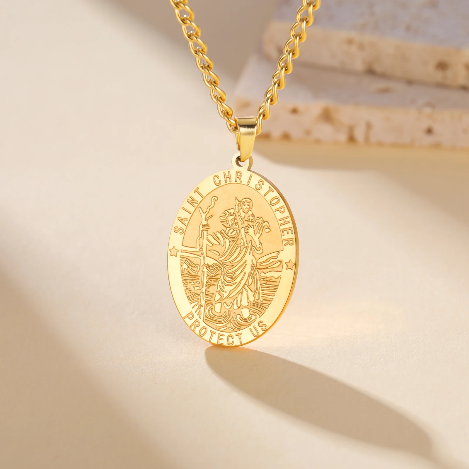 LIKGREAT St Christopher Pendant Necklace for Men Women Travel Protection Blessing Catholic Amulet Gifts Stainless Steel Jewelry