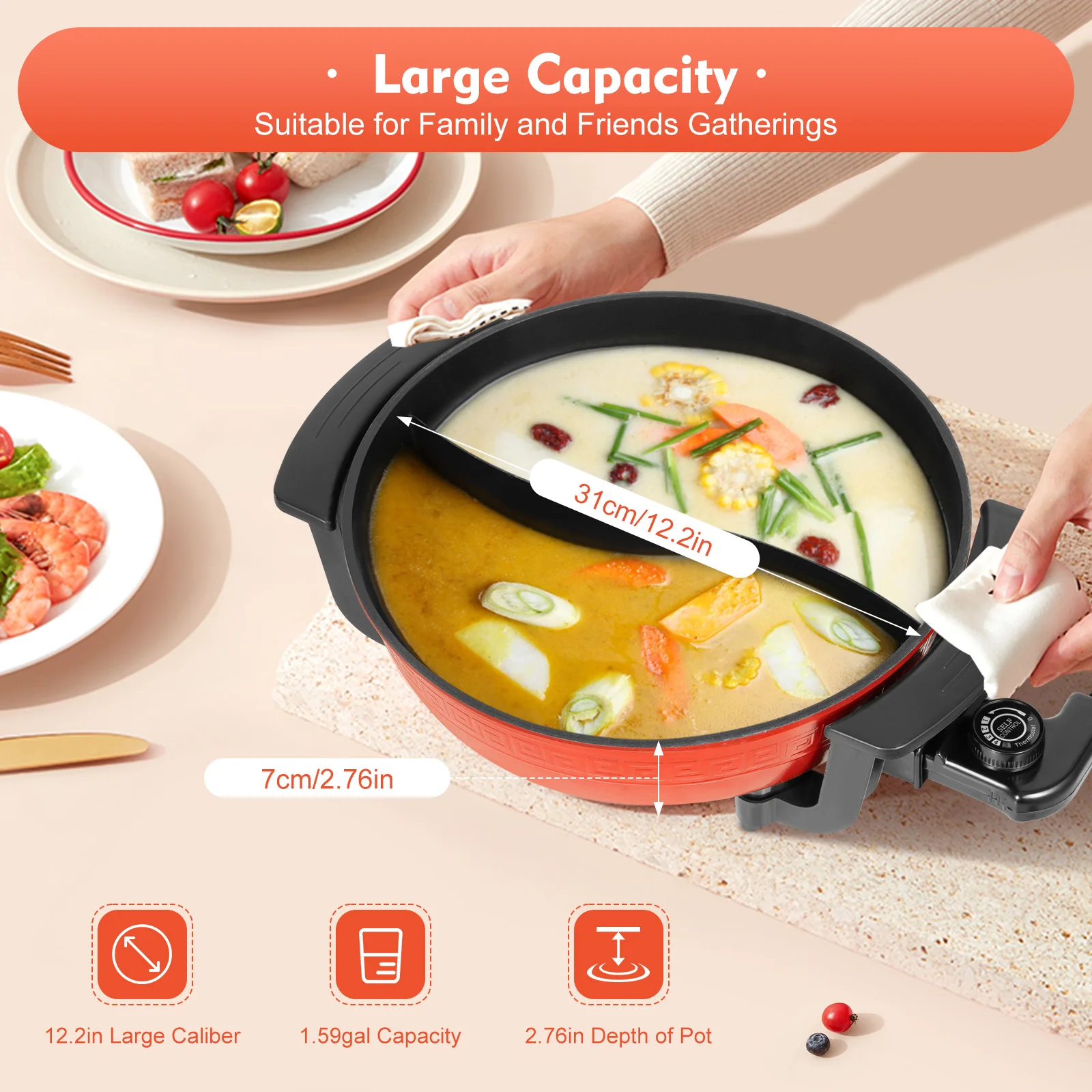 6L Electric Hot Pot 220V Wok Pan Yin Yang Hot Pot Twin Stock Pot Kitchen Casserole Multifunctional Pot Cooker Non-Stick