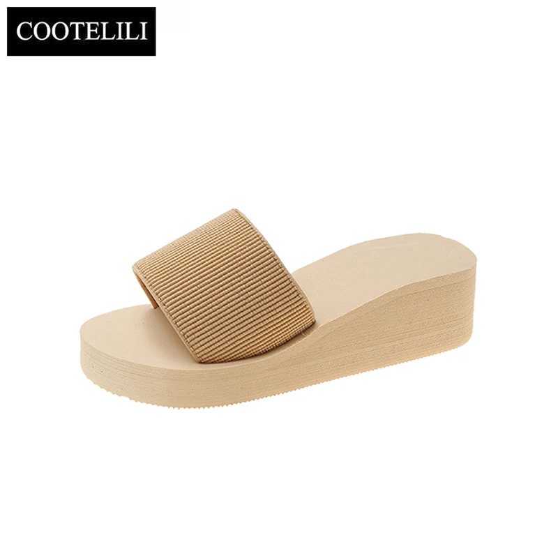 COOTELILI 2022 New Fashion Slippers Women Shoe Platform Round Toe Summer Women Slippers Blue Pink Yellow 5cm Heel 35-40