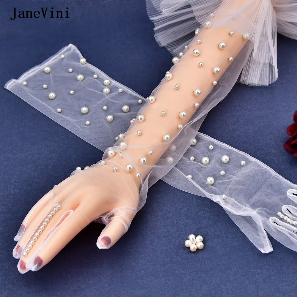 JaneVini 2023 Luxury White Long Bridal Gloves with Pearls Full Finger Tulle 55cm Elbow Length Gloves Wedding Dress Accessories