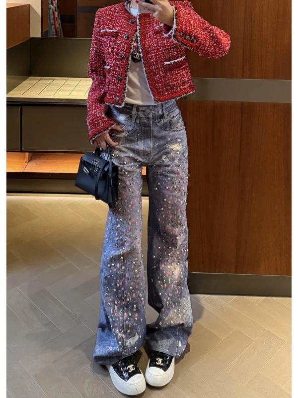 

American Style Retro Starry Denim Jeans Women's Spring Summer New Style Hot Girl Design Floor-Length Micro Flared Pants