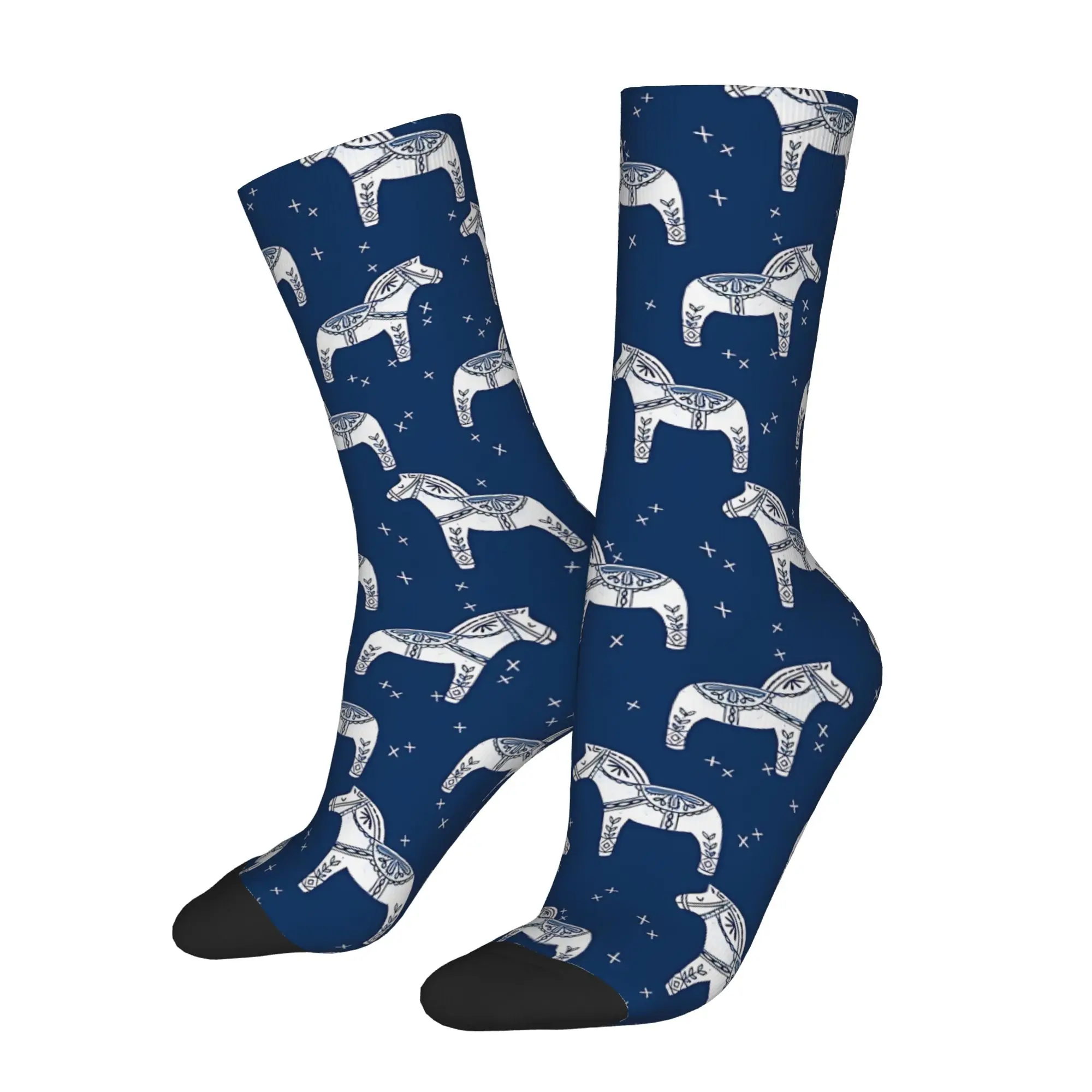 1 Pair Funny Happy Men's Sock White Outline Dala Horse Vintage Harajuku Dala Horse Street Style Novelty Seamless Sock