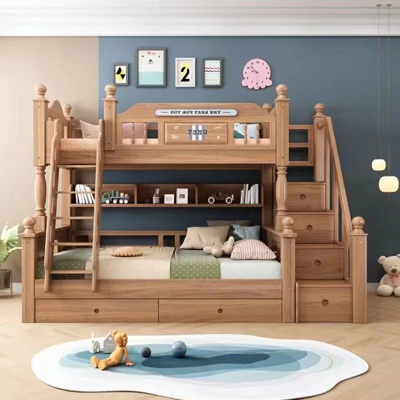 Wooden mother bed Up and down  Children's two-layer all-solid wood boy Multifunctional high and low Bunk  Shelf