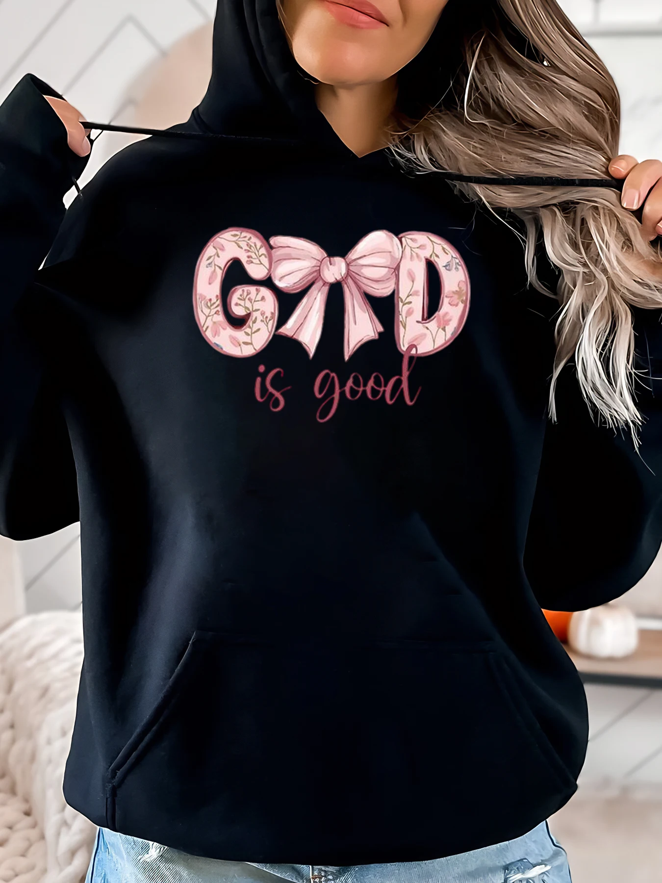 

Толстовка с цветочным принтом God Is Good, рождественская женская повседневная одежда, черная, больших размеров