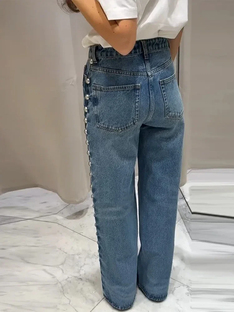 Pantalones vaqueros con cuentas de calle para mujer, pantalones vaqueros rectos a la moda con bolsillos de cintura alta para mujer, pantalones Vintage Y2k para primavera y verano