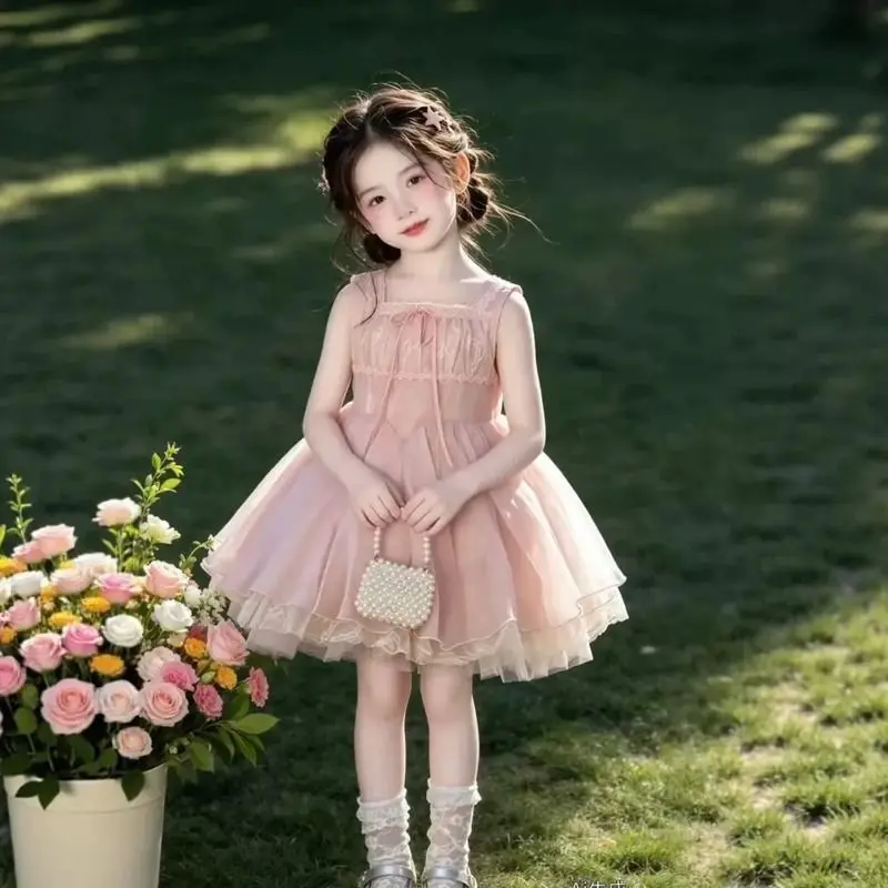 Baby Girl Summer Sweet Sling Lolita Princess Gauze Pink Ball Gown Layed Lace Dress Birthday Wedding Party Eid Childen Clothes