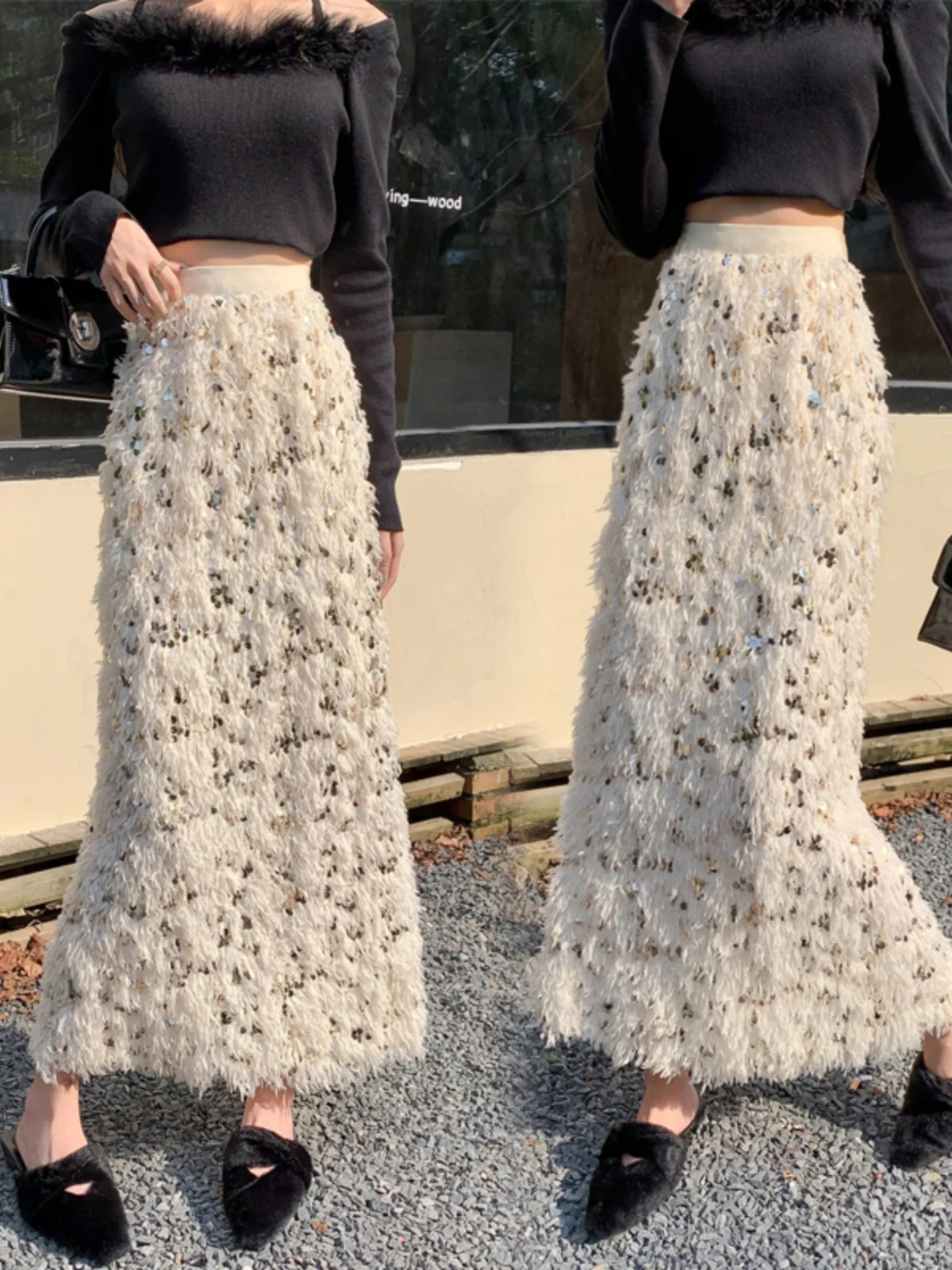 

Women Glitter Wrap Skirt With Paillettes Sequins Feather Tassels High Waist Sexy Slit Skirt Party Fashion Vintage Luxury Skirts