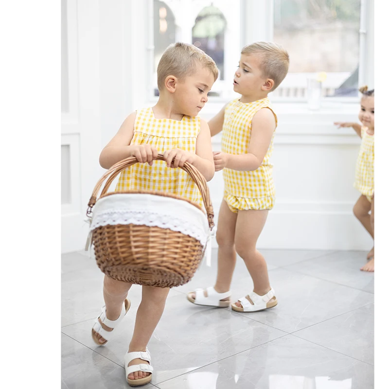 Ali Plus SS25 conjunto de verão gingham amarelo e branco com ponto vermelho meninas vestido macacão de bebê meninos top e calças e conjuntos de crianças pequenas