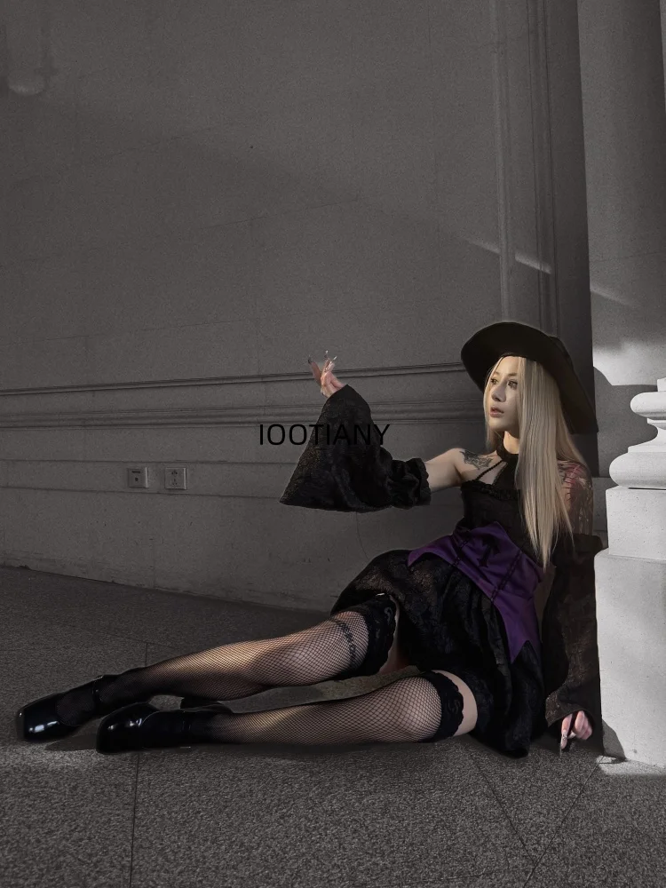 Halloween New Fashion Sexy Witch Cosplay Costume Women Black Halter Neck Dress Dance Performance Fancy Dress Sister Costume
