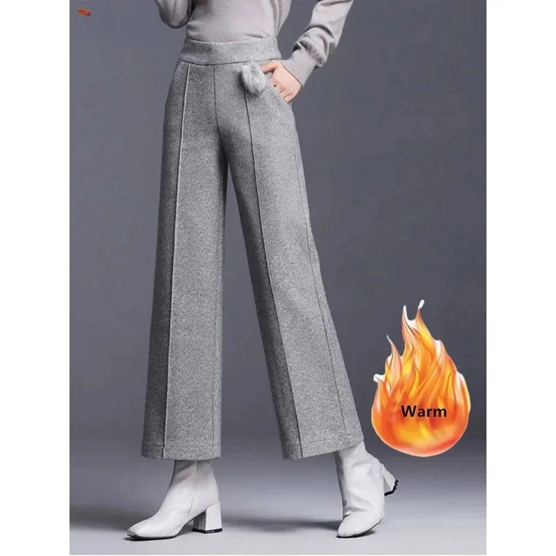 Elegant Woolen Blend Wide Leg Pants Office Lady High Waist Straight Pantalones Autumn Winter Ankle Length Big Size 4xl Trousers