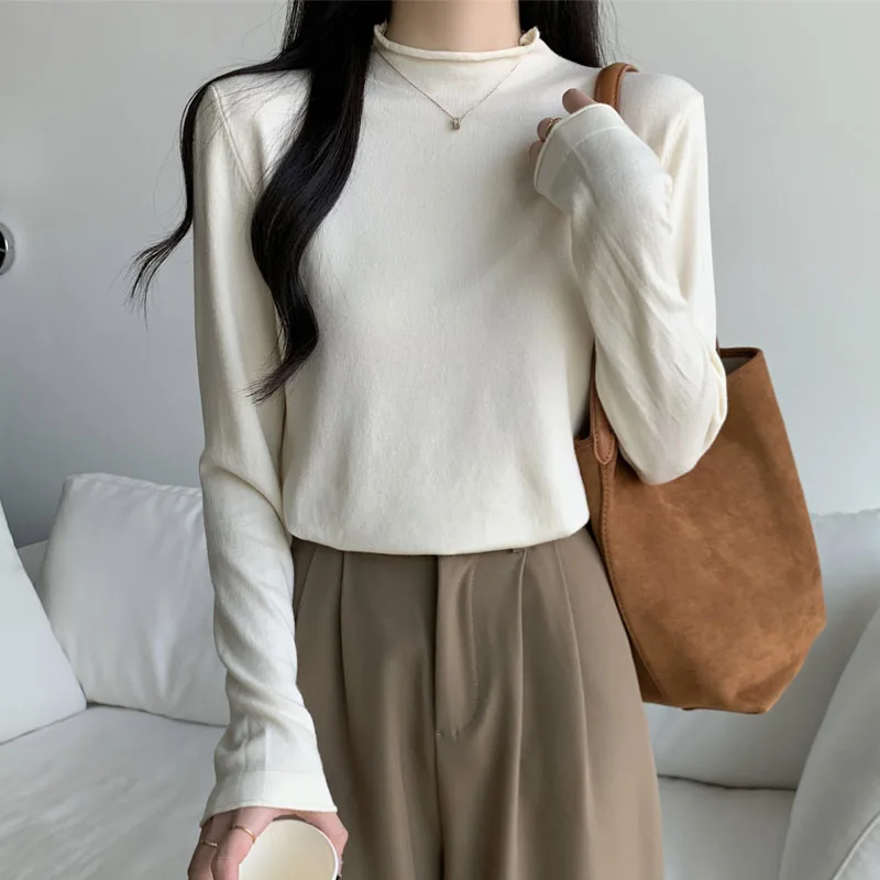 

Knitted Sweater Women Pullovers New Long Sleeve Mock Neck Black Knit Sweater Pullover Women Tops Sweaters Sueters De Mujer Q1543