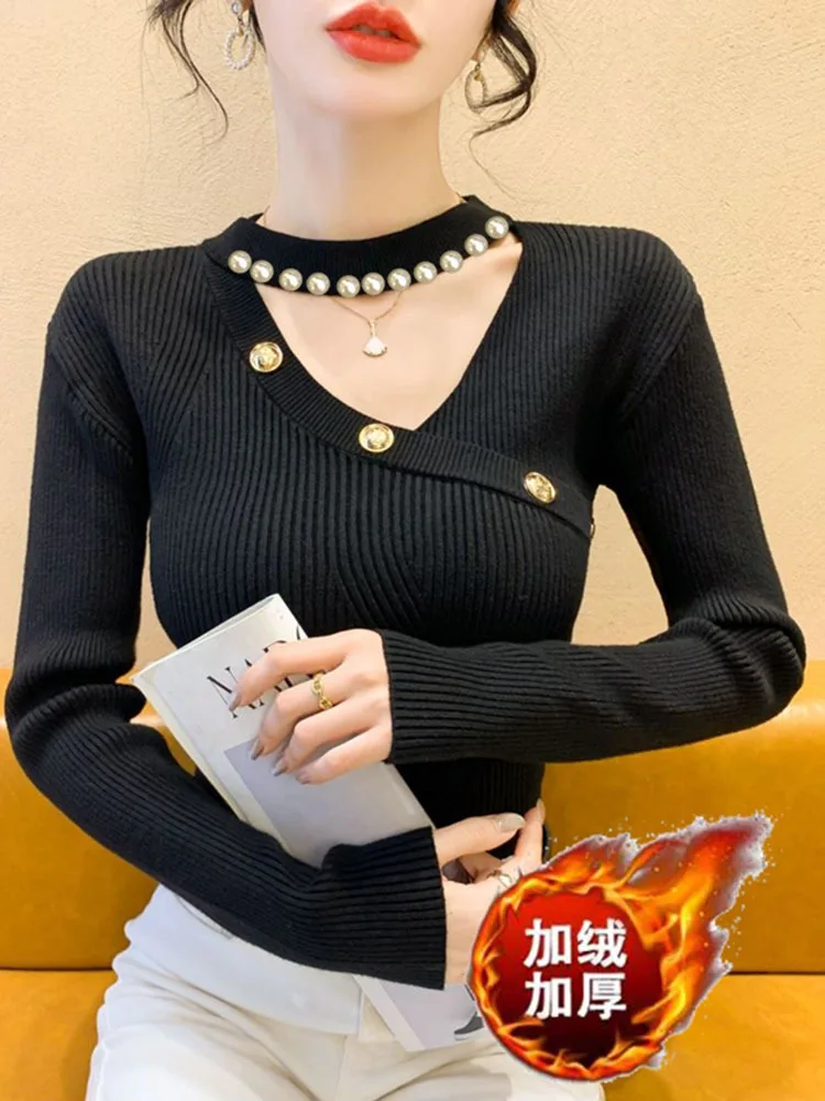 Women New Fashion Elegant Round Pullover Sweater Solid Color Nail Beads Hollow Out Versatile Knit Long-sleeve Tops