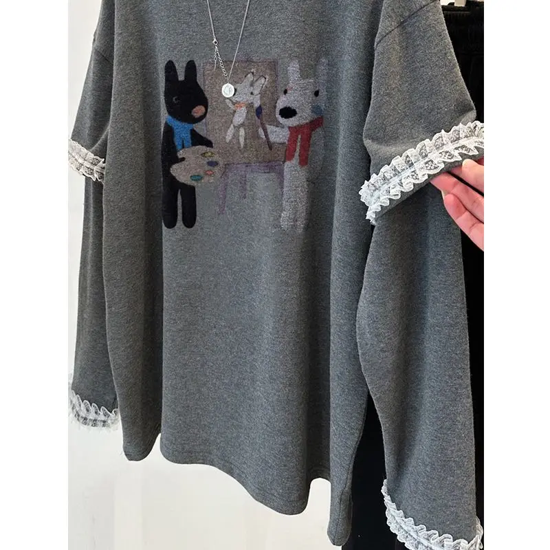 Women Casual Loose Comfortable O-neck Tops Spring Chic Lace Patchwork Cartoon Printing Long Sleeve T-Shirt