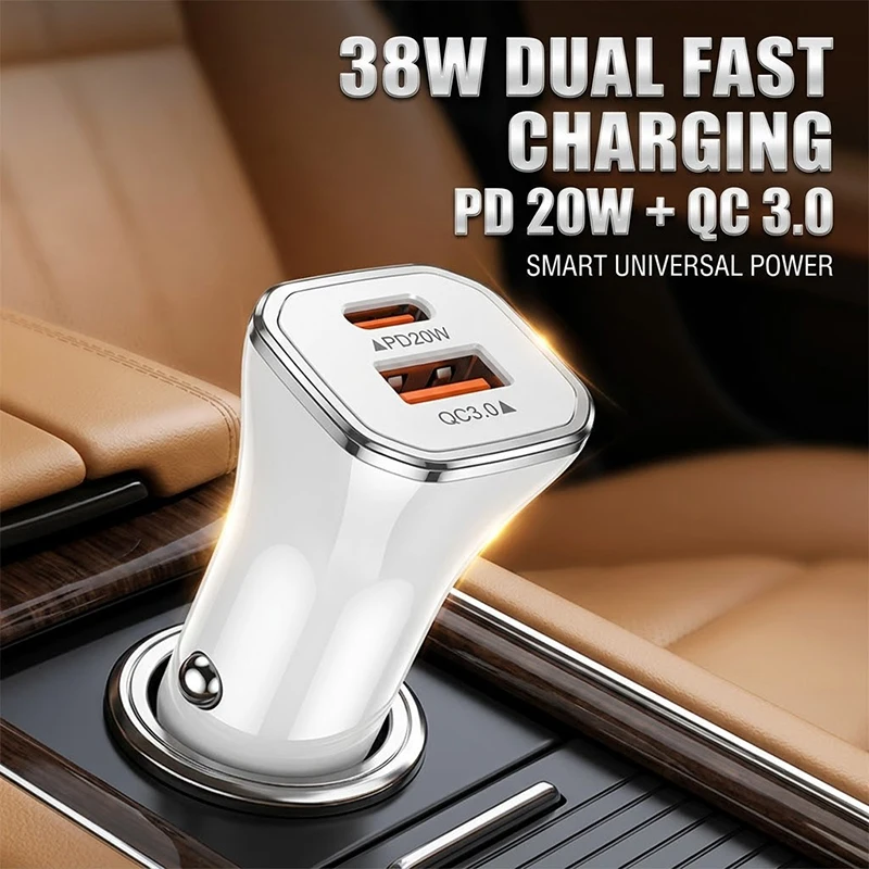 Universal 38W Auto Car Charger Dual Port PD 20W QC 3.0 Fast Charge Cigarette Lighter Adapter Built In Smart Chip For Tablets