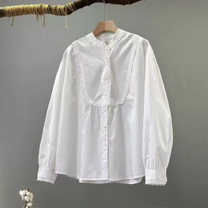 

Элегантные женские блузки 2026 года в японском стиле с воротником-стойкой, белые и черные, с вышивкой, винтажная одежда для женщин