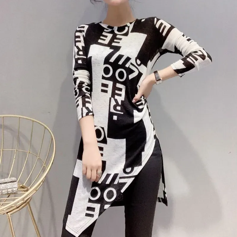 Korean Letter Patchwork Printed T-shirt Spring Autumn Stylish Asymmetrical Folds Female Clothing Casual O-Neck Midi Pullovers