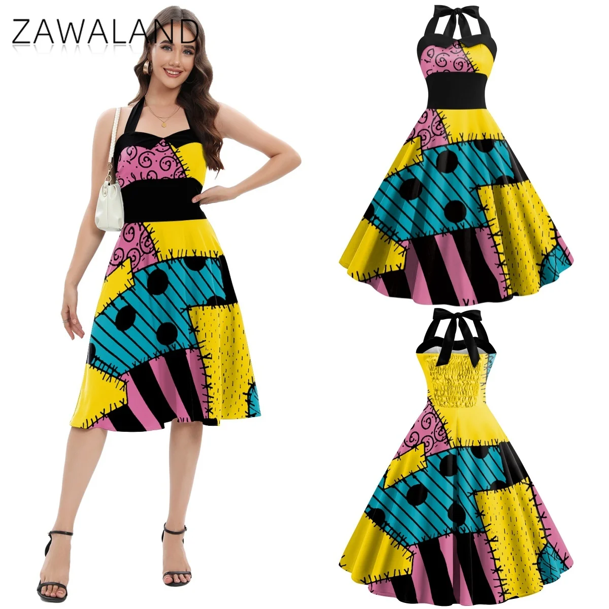 

Sally Patchwork Printed Cosplay Costume Women Lace Up Sleeveless Dresses Halloween Party Performance Outfit Festival Stage Dress