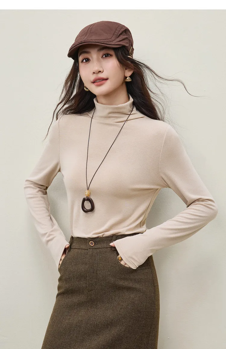 SENTUBILA Basics Tees für Damen 2026 Einfarbiges Wollmisch-Strick-T-Shirt Langarm Hochkragen Schlank Winter Damen Oberteile W54SF4912 – Detail 23