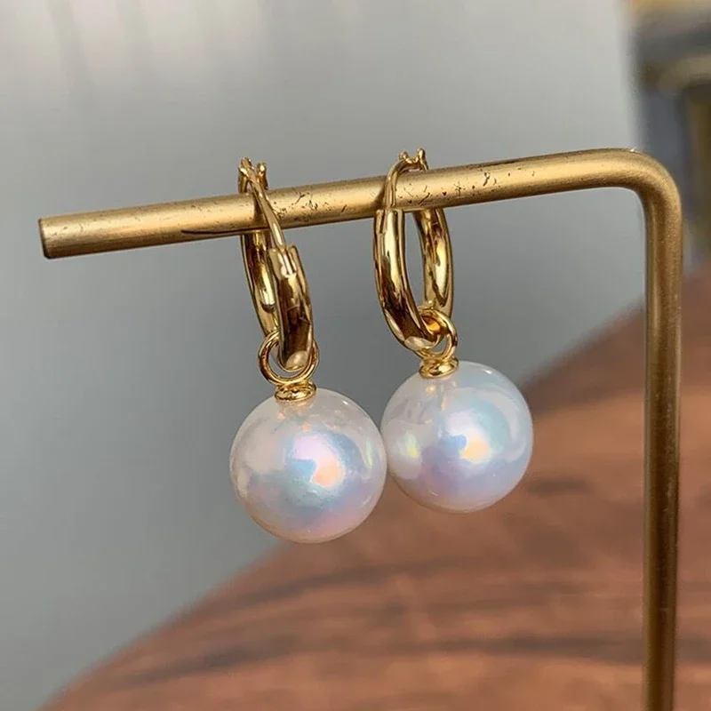 100% Natural Freshwater Edison Round Aurora Bright White Pearl Earrings S925 Sterling Silver Gold French Vintage Style Gifts