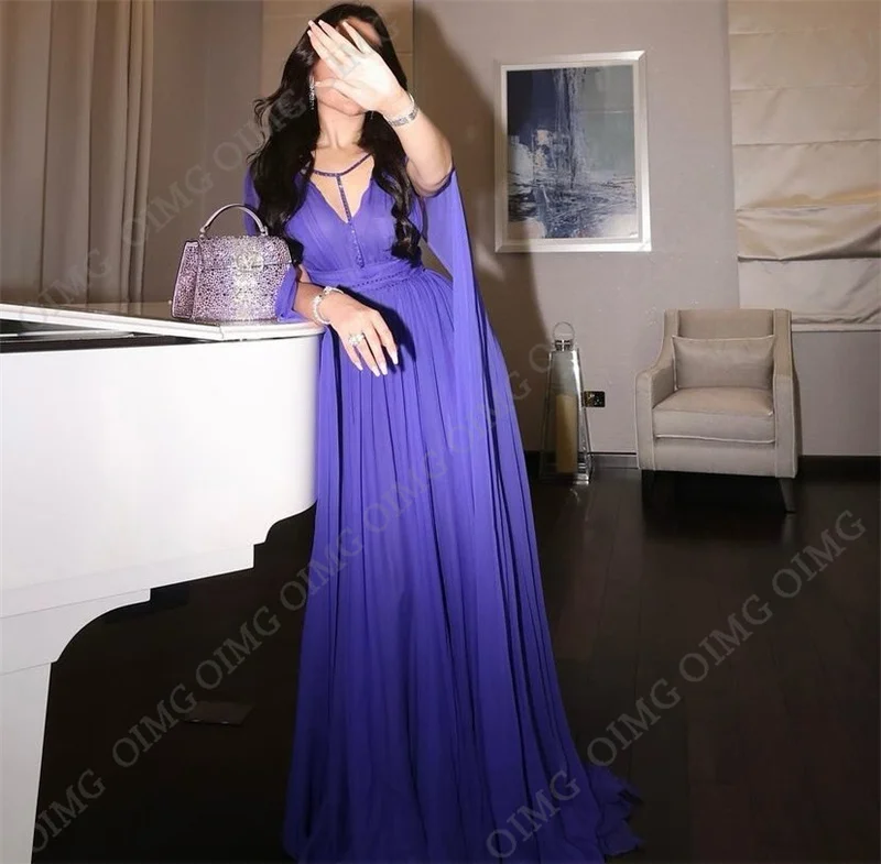 OIMG Chiffon  V Neck Evening Dress A Line 2024 Prom Dress Luxury Long Custom Prom Gown Formal Saudi Arabric Dubai Floor Length