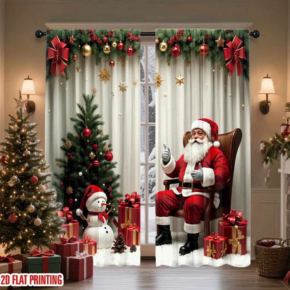 2-pcs,Santa snowman Christmas tree gift pattern curtains,festive atmosphere suitable for living room bedroom home decoration.