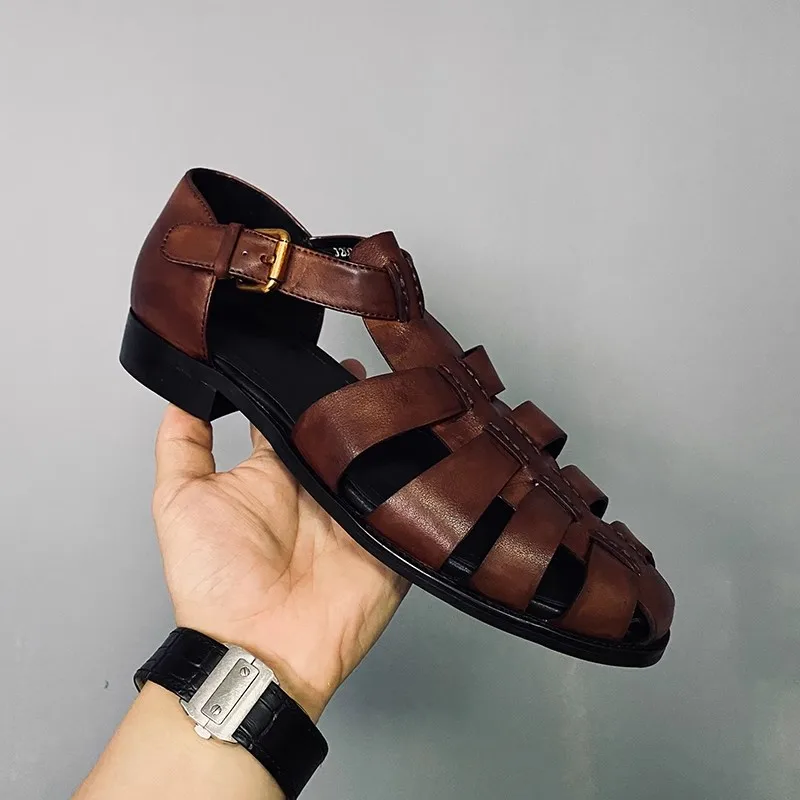 Flat men's sandals summer new leather thin belt square heel brown Roman sandals large size small size casual beach men's shoes