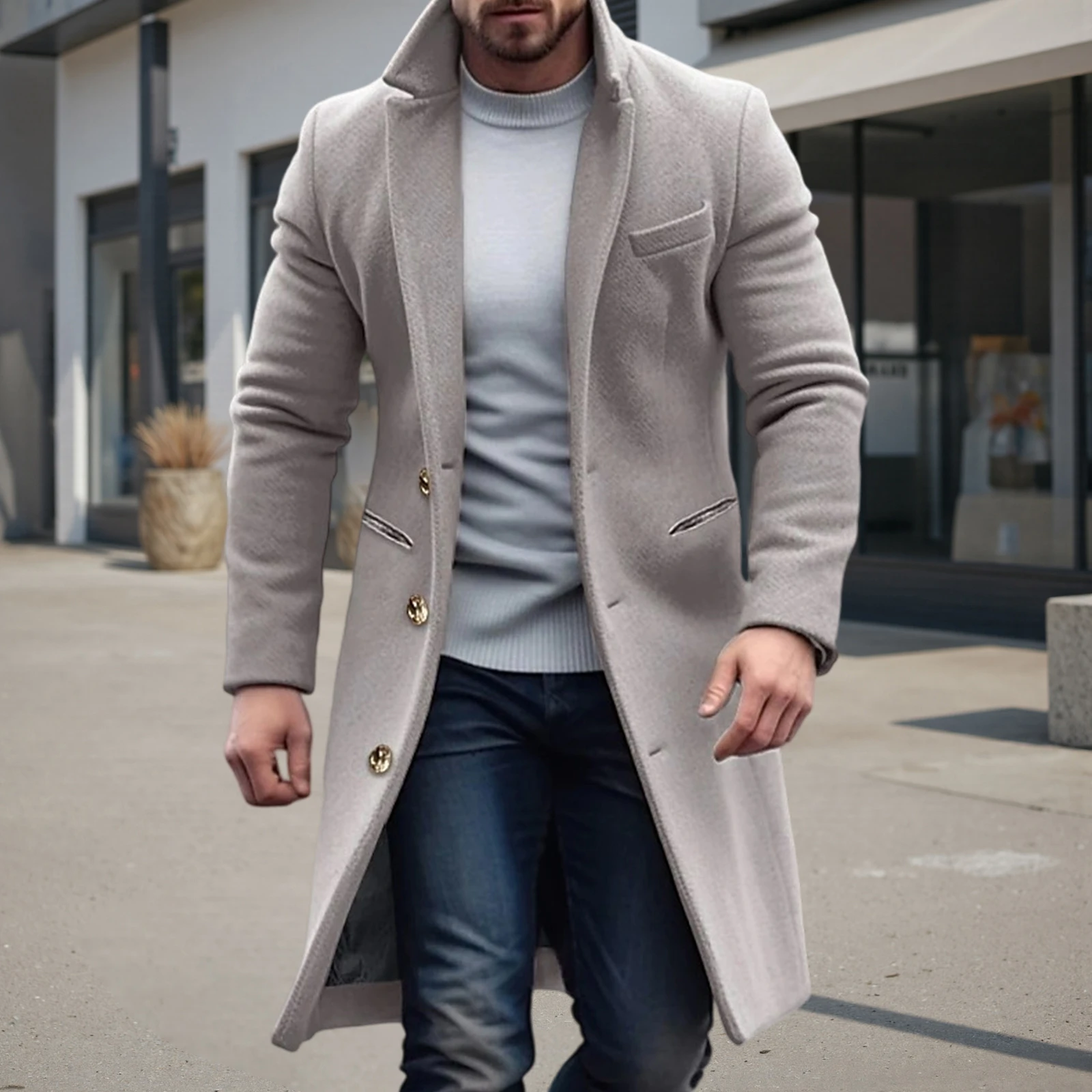 معطف رجالي بصدر واحد كاجوال بلون T دافئ وأكمام طويلة سترة شتوية لملابس الشارع الخارجية