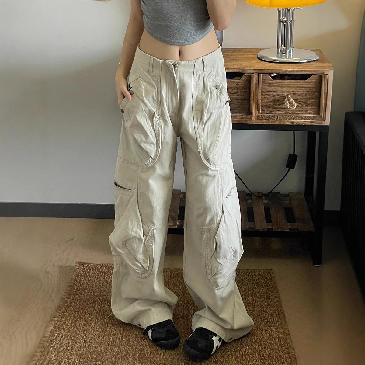 American Style Cargo And Women, Pleated, Unique Design, Multi-Pocket, Straight-Leg, Loose Fit, Slimming, Casual Wide-Leg Long