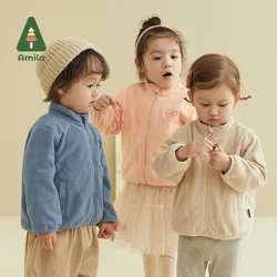 Amila Baby Coat 2023 Spring New Polar Fleece Warm Solid Color Jacket Embroidered Girls and Boys Stand Collar Children's Clothes