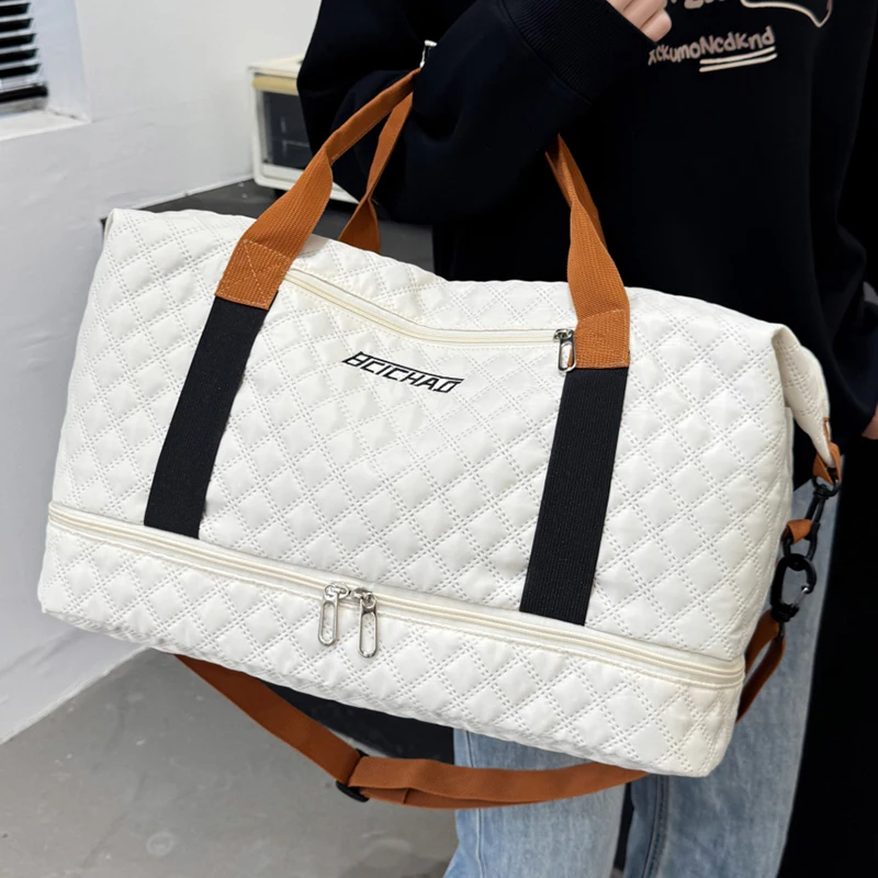 

Multi Functional Travel Bag, Diamond Grid Design, Independent Shoe Compartment, Large Capacity, Yoga Bag, Portable Storage Bag