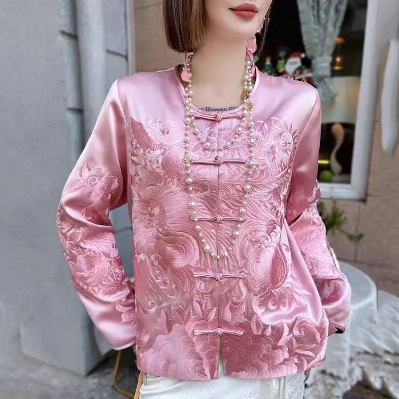 

High-end Satin Acetate Women Jacket Top Embroidery Flowers Tang Suit Elegant Lady Loose Coat Female S-XXL