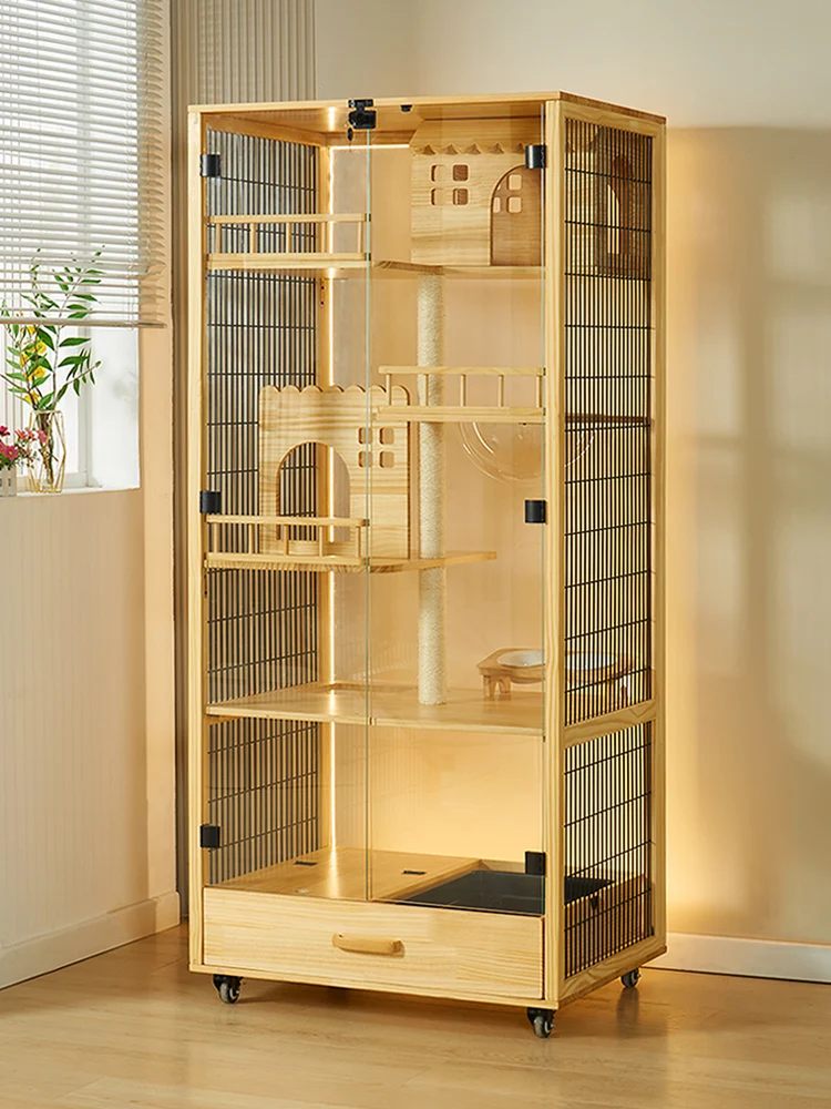 Wood Cat Villa Household Non occupying Cat Cage Small Unit  House Nest Panoramic Glass Cabinet