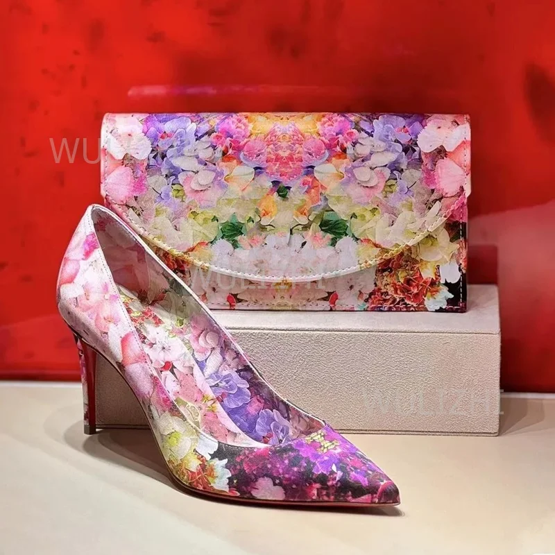 

Pump Fuchsia Hot Chick Ethnic Style Flower Graffiti Girl Cute Sweet Stiletto Pointed Rose Clutch Purple Print Sandals Women Shoe
