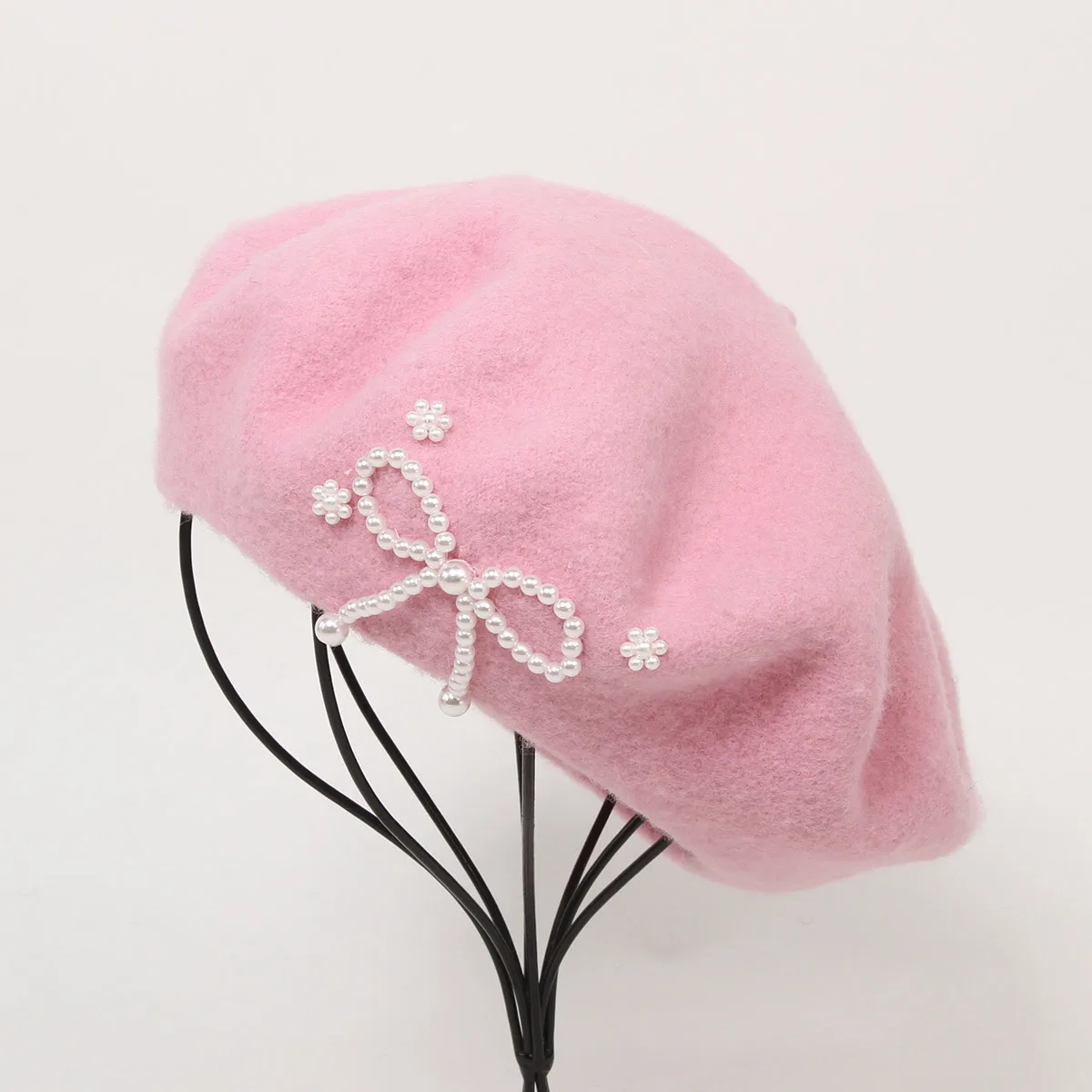 

Winter Hat Women Wool Felt Beret Pearls Bow Autumn Warm Accessory For Skiing Outdoor Sports Cycling