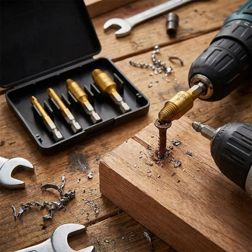 

Titanium Coated Screw Extractor Set Hex Shank Hardened Steel Easy Out Drill Tool Universal Tool 5 Pieces Set Broken Bolt Remover