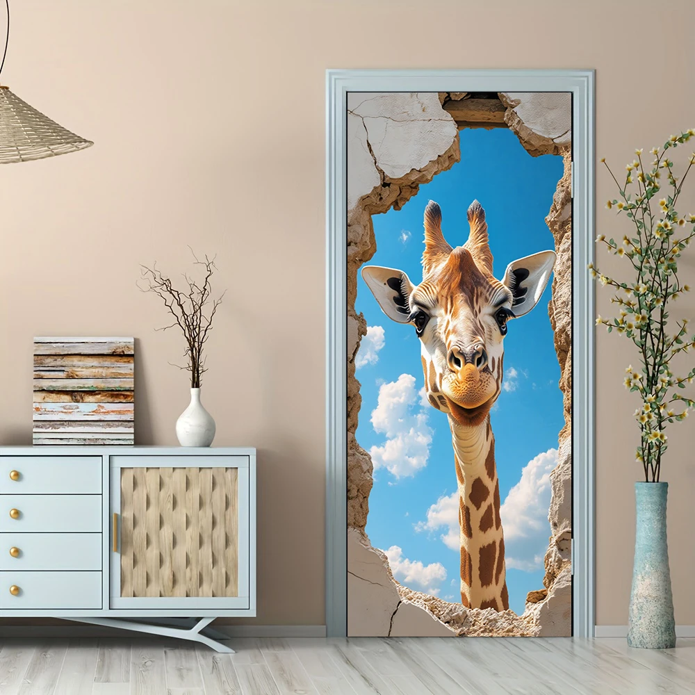 1pcs Self Adhesive Removable Vinyl Door Stickers Creative Giraffe Breaks Wall and Begins with 3D Visual Effects Home Decoration